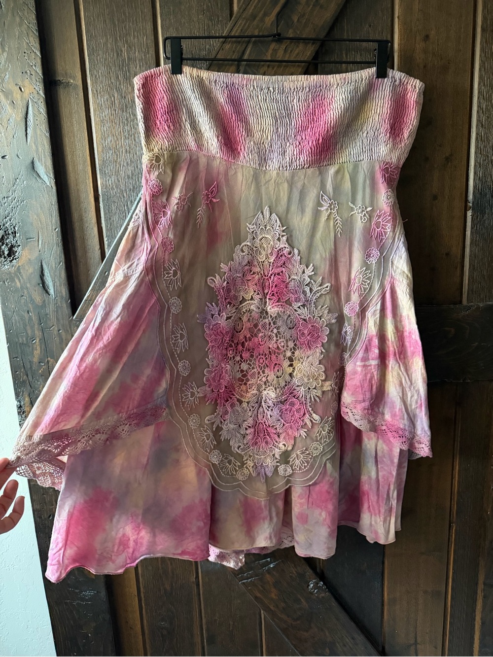 Free People Tie Dye Strapless Mini Dress Large Appliqué Pixie Fairy Renaissance